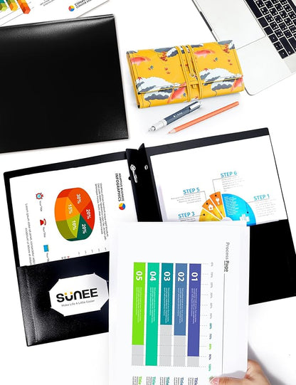 SUNEE 12-Pack Black Plastic Folders with Pockets and Prongs, Letter Size, 9 x 11.5 in