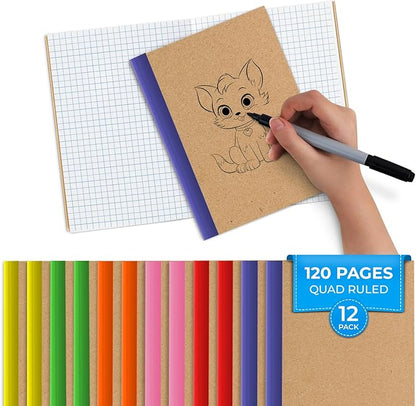 12 Pack Graph Paper Notebook, No Bleed, Extra Pages - 120 Pages (60 Sheets), Softcover Kraft Journal for Kids, A5-8 x 5.7, Graph Composition Notebook, Quad Ruled Notebook, Grid Notebook