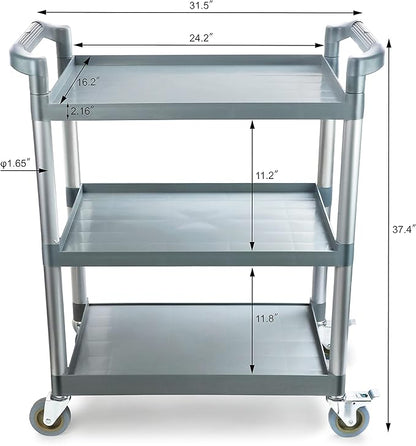New Star Foodservice 54545 250-Pound Plastic 3-Tier Utility Bus Cart with Locking Casters, 32" x 16" x 38", Gray
