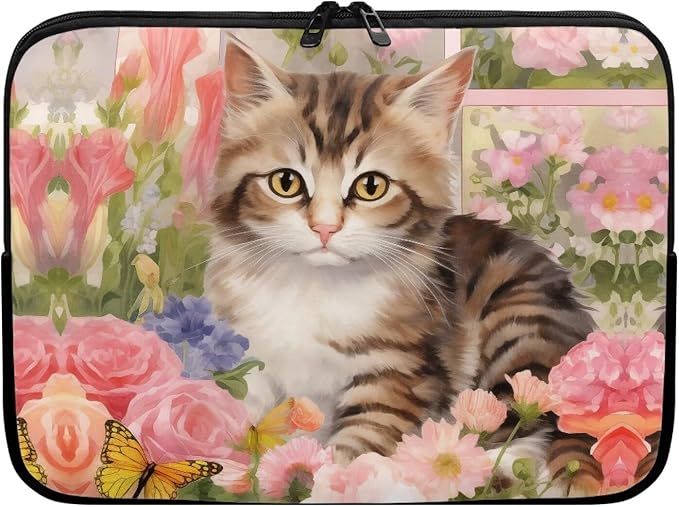 Cat Rose Printed Laptop Bag for Women Men, Lightweight Laptop Briefcase 12 Inch Shockproof Computer Carrying Cover with Zipper, Easy to Carry Laptop Case Bag for Daily Commuting