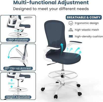 Drafting Chair, Tall Office Chair with Flip-up Armrests Executive Ergonomic Computer Standing Desk Chair, Office Drafting Chair with Lumbar Support and Adjustable Footrest Ring