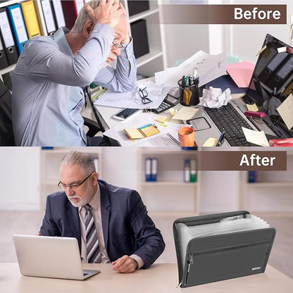 ENGPOW Accordion File Organizer,Fireproof 13 Pockets Expanding File Folder,Document Organizer Folder with Zipper＆Labels,Portable Home Travel Safe Storage for Letter A4 Files and More,Gray