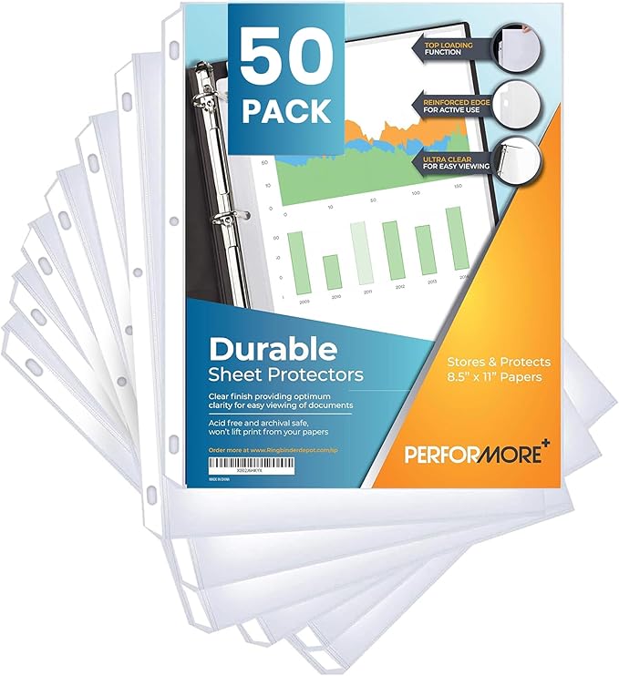 Performore 50 Sheet Protectors, Durable Clear Page 8.5 X 11 Inch for 3 Ring Binder, Plastic Sheet Sleeves, Durable Top Loading Paper Protector with Reinforced Holes, Archival Safe