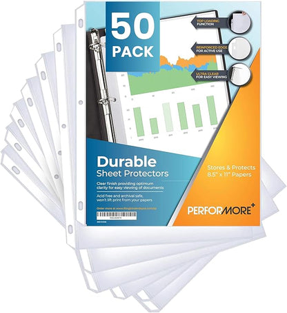 Performore 50 Sheet Protectors, Durable Clear Page 8.5 X 11 Inch for 3 Ring Binder, Plastic Sheet Sleeves, Durable Top Loading Paper Protector with Reinforced Holes, Archival Safe