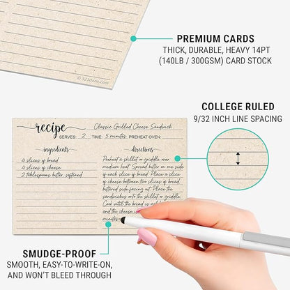 321Done Recipe Cards, Made in USA - 4x6 Tan, Simple Script, Double-Sided Thick Cardstock, Cute Vintage Rustic Kraft Look for Bridal Shower Wedding Housewarming Gift - Pack of 50