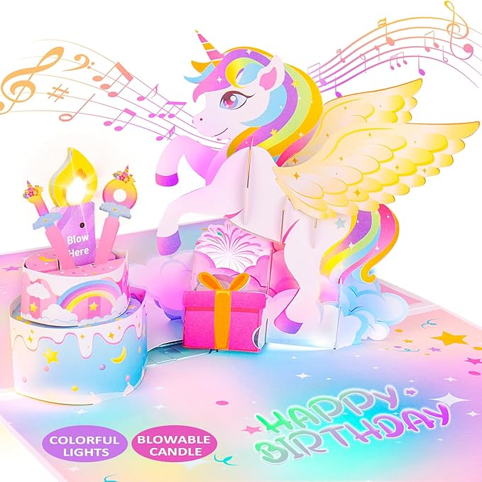 Birthday Card with Light&Music,Unicorn 3D Pop up Greeting Cards with Blowable Candle Birthday Gifts for Women Girls Daughter Sister Kids-With 0-9 DIY Number
