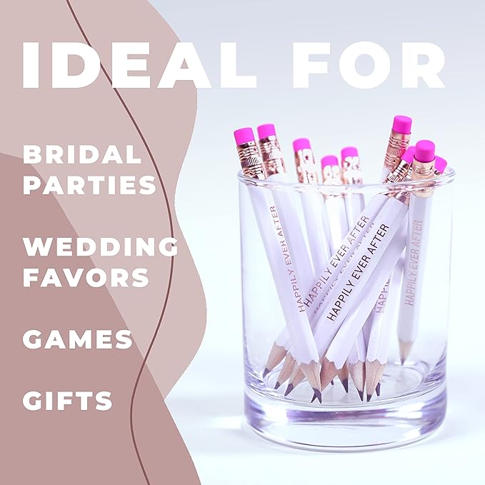 Markt Mini Pencils for Bridal Shower Games, Bridal Shower Pens, Happily Ever After Pencils, Small Pencil Set For Prizes, Game Winner Gifts (White With Pink Eraser)