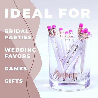 Markt Mini Pencils for Bridal Shower Games, Bridal Shower Pens, Happily Ever After Pencils, Small Pencil Set For Prizes, Game Winner Gifts (White With Pink Eraser)