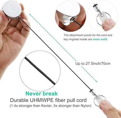 Will Well ID Badge Holder Reel with Clip and Keyring - Heavy-Duty All-Metal Casing with 27.5"UHMWPE Fiber Pull Cord for Durability and Easy Access, Holds up to 8 Keys - 2-Pack, Round, Glossy Silver