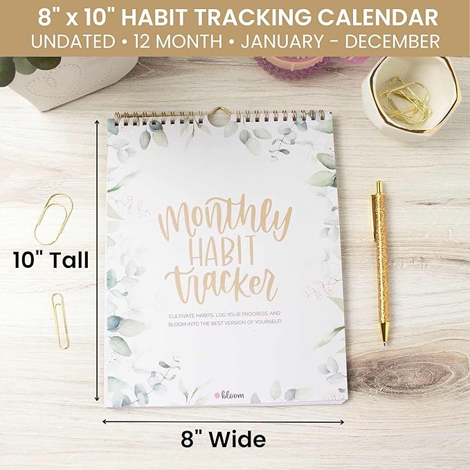 bloom daily planners Hanging Habit Tracking Calendar – Undated 12 Month Inspirational Habit Tracker for Daily, Weekly & Monthly Goals (8” x 10”) Motivational Productivity Tool - Greenery