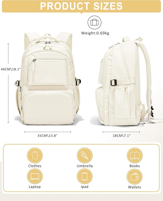 Lightweight School Backpack, College Bookbag for Boys Girls, 15.6 Inch Laptop Work Bag, Gym Backpack for Men Women, Large Capacity Waterproof Backpack for Campus School, Business, Beige
