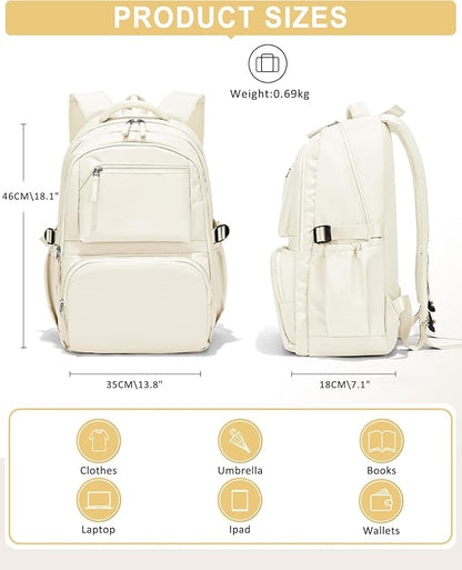 Lightweight School Backpack, College Bookbag for Boys Girls, 15.6 Inch Laptop Work Bag, Gym Backpack for Men Women, Large Capacity Waterproof Backpack for Campus School, Business, Beige