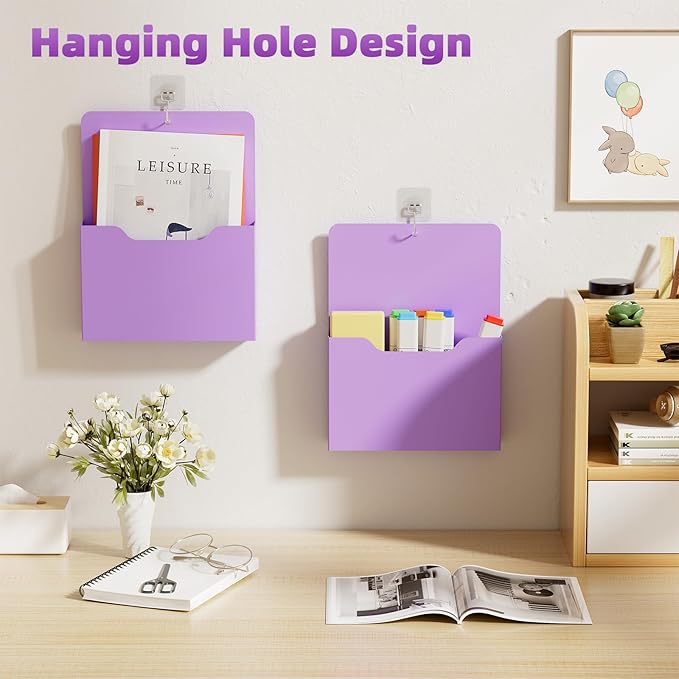 2 Pack Magnetic File Holder - Paper Holder, Pocket Organizer,Hanging Wall File Organizer Office Supplies Storage, Magazine Mail Organizer Case for Notebooks,Planners,Letter (Purple)