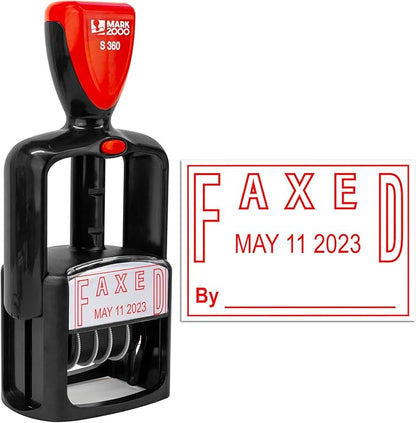 Self-Inking Rubber Date Office Stamp with Faxed Phrase - Red Ink - 12-Year Band