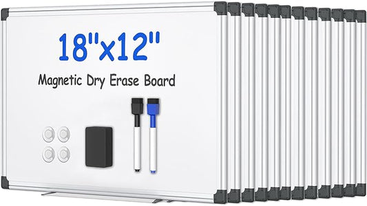 VUSIGN 12PCS Magnetic White Board Kit for Wall 18" x 12", 12 Dry Eraser & 24 Multicolor Markers & 48 Magnetic Pins, Sliver Reinforced Aluminum Frame for Home, School, Office