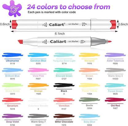 Caliart 24 Colors Fine & Chisel Permanent Alcohol Markers, Dual Tip Artist Sketch Art Markers Set for Adult Coloring Book, Aesthetic Cute School Supplies, Pens for Drawing Coloring Illustrations