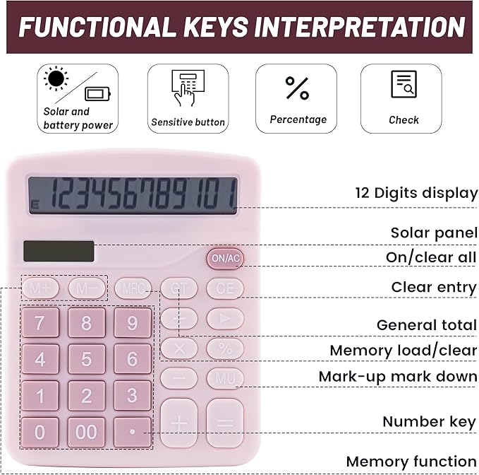 Golcellia Calculators Desktop, Pink Calculator, Cute Calculator 12 Digit Desk Calculator Large Display, Dual Power Solar Battery, Office Home School Supplies for Adults & Students