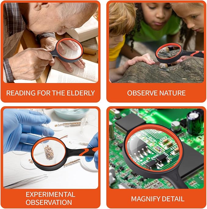 2 Pack 75mm 10X Handheld Magnifying Glass,Rubber Reading Magnifier for Kids Seniors, Suitable for Hobbies and Science