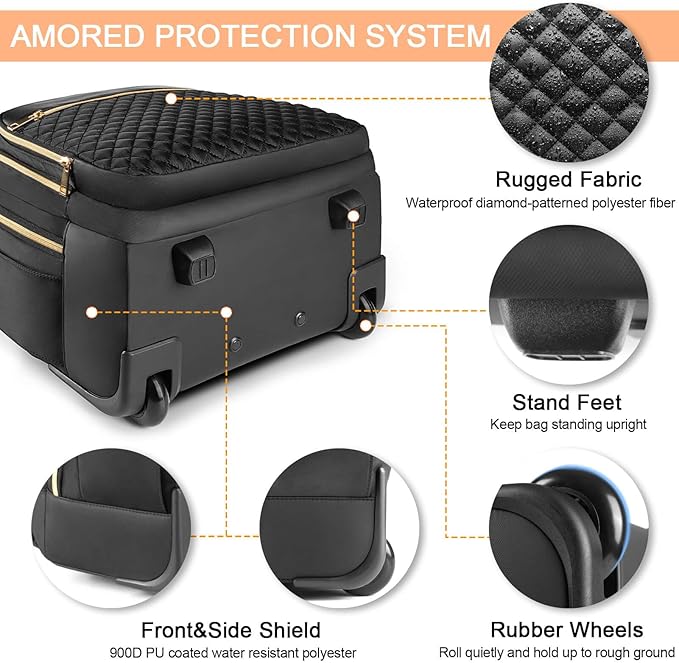 Rolling Backpack Carry On Luggage For Adults With Wheels, 40L Wheeled Backpack For Women, Travel Roller Backpack, Rolling Bag, Black Gold