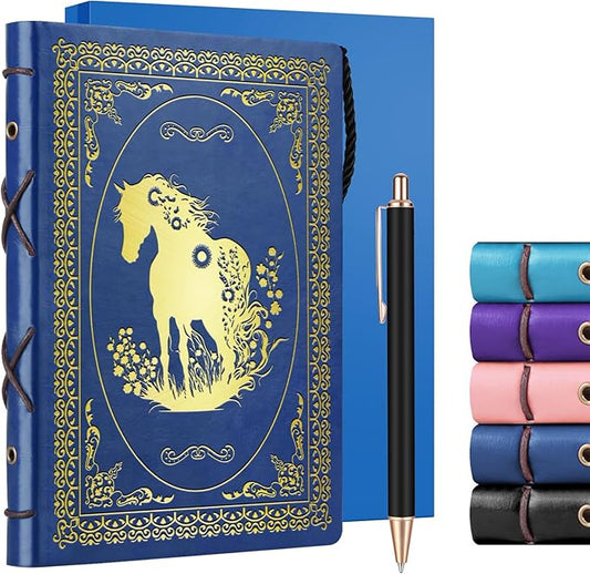 Dark Blue A5 Horse Gifts for Women Girls Faux Leather Vintage Notebook Inspirational Horse Trainer Gift Hardcover Executive Notebook,200 Pages 120 Gsm Thick Ruled Paper With Pen,Horse Lover Gifts Equestrian Gift (Horse Dark Blue)