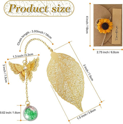Golden Leaf Metal 3D Bookmark with Bonus Handmade Greeting Card, Butterfly & Sunflower Craft Gift Card Envelope, Gift for Book Lovers, Family, Friends, Teacher & Kids Chongzhen