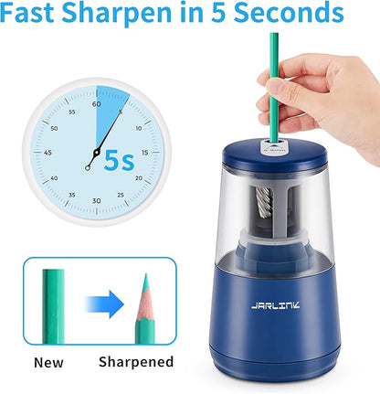 JARLINK Electric Pencil Sharpener, Heavy-Duty Helical Blade to Fast Sharpen, Auto Stop for No.2/Colored Pencils(6-8mm), USB/Battery Operated in School Classroom/Office/Home (Blue)