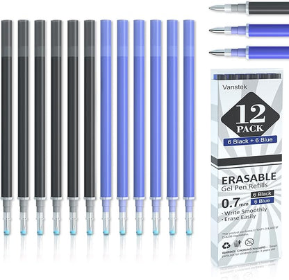 Vanstek 12 Pack 6 Blue 6 Black Erasable Gel Pen Refills, Gel Ink Refills Compatible with FriXion & Friction Erasable Pens, Fine Point 0.7 mm, Perfect for Writing Planner & Crossword Puzzles