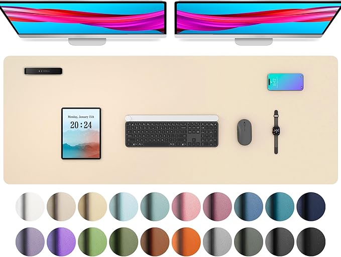 Aothia Leather Desk Pad Protector, Office Desk Mat, Large Mouse Pad, Non-Slip PU Leather Desk Blotter, Laptop Desk Pad, Waterproof Desk Writing Pad for Office and Home (48"x17", Beige)