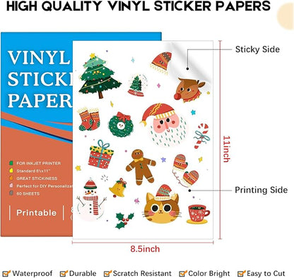 60 Sheets Premium Printable Vinyl Sticker Paper for Inkjet Printer, Glossy White Waterproof, Dries Quickly, Vivid Colors, Tear Resistant, 8.5x11 Inkjet Vinyl Sticker Paper Great for Cutting Machines
