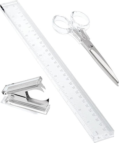 OfficeGoods 3 Piece Acrylic Desk Set - Includes Ruler, Staple Remover, Scissors - Functional & Elegant Desk Accessories - Stationary Tools for Home, Office, and School - Silver