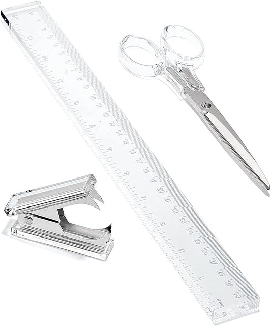 OfficeGoods 3 Piece Acrylic Desk Set - Includes Ruler, Staple Remover, Scissors - Functional & Elegant Desk Accessories - Stationary Tools for Home, Office, and School - Silver