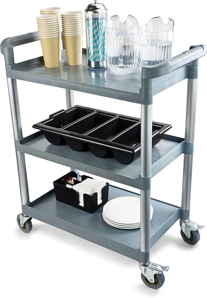New Star Foodservice 54545 250-Pound Plastic 3-Tier Utility Bus Cart with Locking Casters, 32" x 16" x 38", Gray