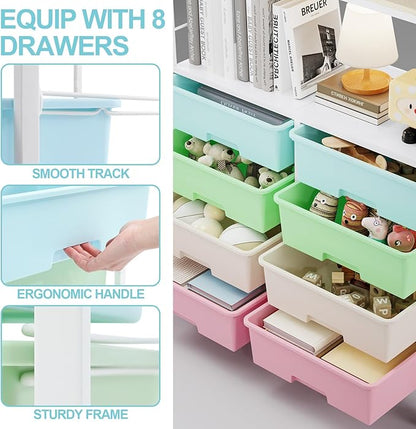 8 Drawers Rolling Storage Cart with Wooden Top, Multipurpose Utility Cart with Opening Shelf & Lockable Wheels, Storage Drawer Cart Organizer for Home Office Craft Room Classroom, Rainbow