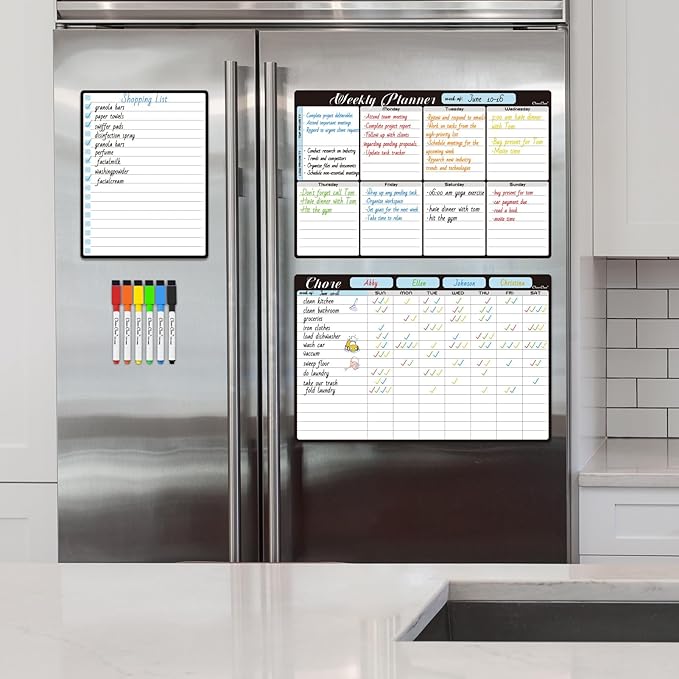 Magnetic Dry Erase Chore Chart and Weekly Calendar - 8.5"x13" Chore Board and Weekly Calendar for Fridge - 6.5"x8.5" List Board and 6 Extra Fine Point Markers Included - Shipped Flat