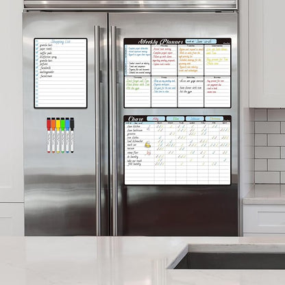 Magnetic Dry Erase Chore Chart and Weekly Calendar - 8.5"x13" Chore Board and Weekly Calendar for Fridge - 6.5"x8.5" List Board and 6 Extra Fine Point Markers Included - Shipped Flat