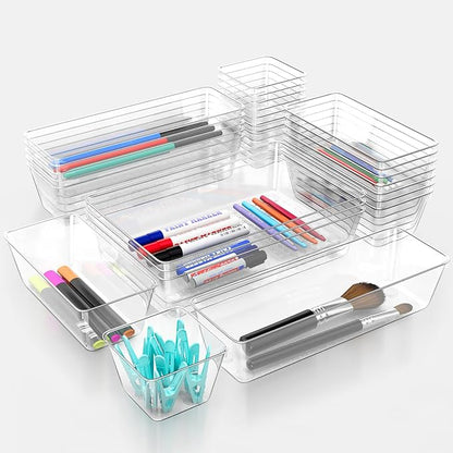 12 Piece Clear Drawer Organizer Set, 3 Sizes Bathroom Vanity Organizer Trays and Storage Bins for Makeup, Cosmetics, Jewelry, and Gadgets. Perfect for Office, Kitchen, Bedroom, Bathroom Use.