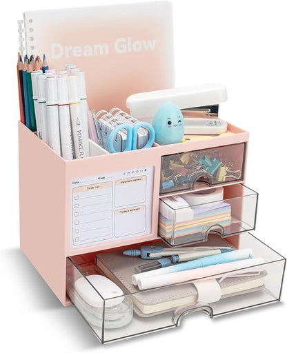 Desk Organizer with 3 Drawer, Multi-Functional Pencil Pen Holder for Desk, Desk Organizers and Storage with 8 Compartments, Desktop Organizer for Office Home Art Supplies (Pink)