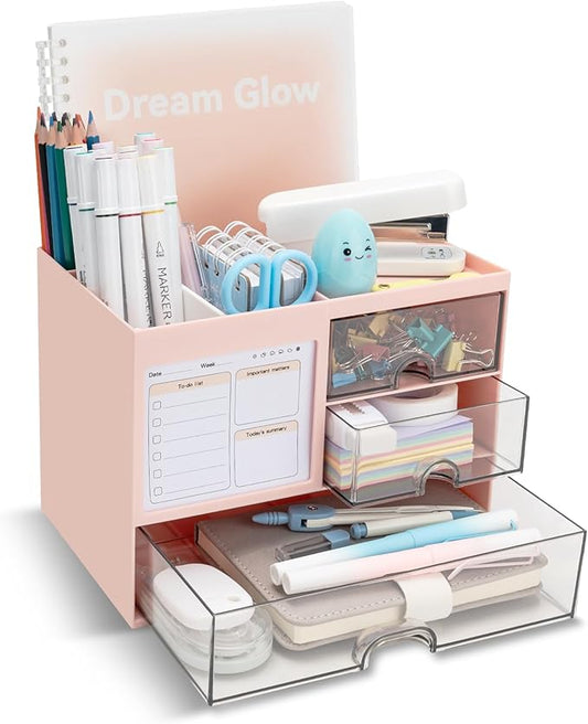 Desk Organizer with 3 Drawer, Multi-Functional Pencil Pen Holder for Desk, Desk Organizers and Storage with 8 Compartments, Desktop Organizer for Office Home Art Supplies (Pink)