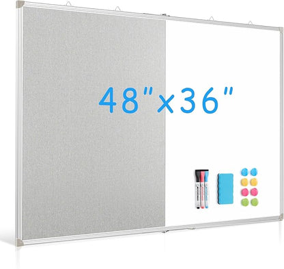 DOLLAR BOSS Foldable Linen Cork Board White Board Combo 48 x 36 in Extra Large Magnetic Whiteboard Dry Erase Bulletin Board Portable Double Sided Aluminum Frame Pin Board for School Office, Grey