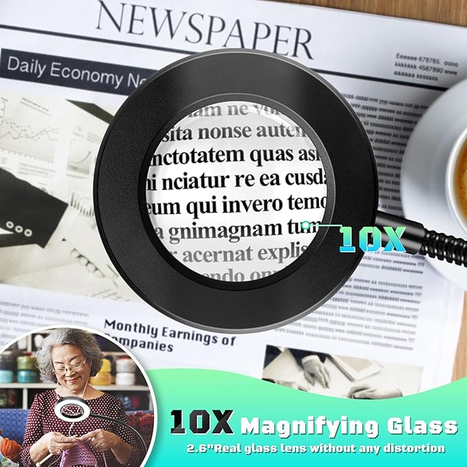 10X Magnifying Glass with Light, Clip on Mganifier with Light, 48 LED Desk Magnifying Glass wtih Clamp,3 Modes Dimmable Magnifying Lamps for Bed Work Crafts DIY Repair Jewellery