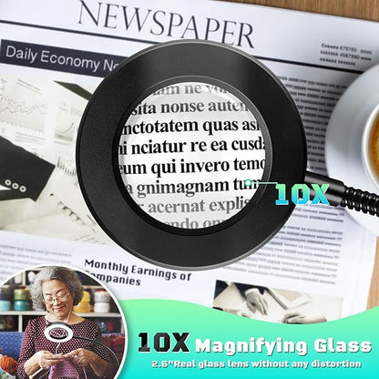 10X Magnifying Glass with Light, Clip on Mganifier with Light, 48 LED Desk Magnifying Glass wtih Clamp,3 Modes Dimmable Magnifying Lamps for Bed Work Crafts DIY Repair Jewellery