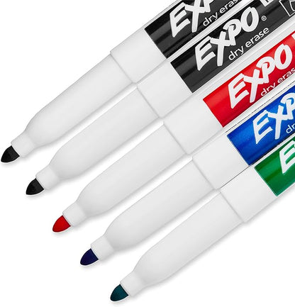 EXPO Low Odor Dry Erase Marker Set with White Board Eraser and Cleaner, Fine Tip Dry Erase Markers, Assorted Colors, 7 Piece Set with Whiteboard Cleaner