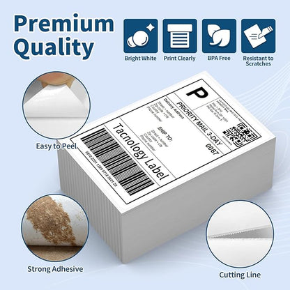 4 Stacks Fanfold 4" x 6" Direct Thermal Labels, Tacnology 2000 Labels White Perforated Shipping Labels, Permanent-Adhesive Mailing Address Paper Compatible with Zebra, Rollo, MUNBYN,500 Labels/Stack