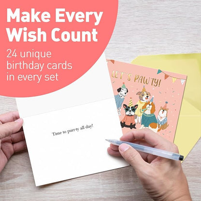 S&O Box of Birthday Cards with Envelopes - Bulk 24 Unique Happy Day Notes - Colorful Birthday Decor Bulk for Office & Home - Assorted Party Cards with Envelopes - 4x5.5”