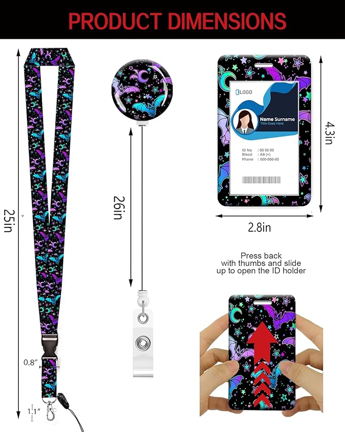 ID Badge Holder with Retractable Lanyard and Keychain, Badge Reel with Rotate Carabiner Clip,Colorful Bat Card Name Tag Lanyard ID Protector Bage Clips for Student, Women, Office