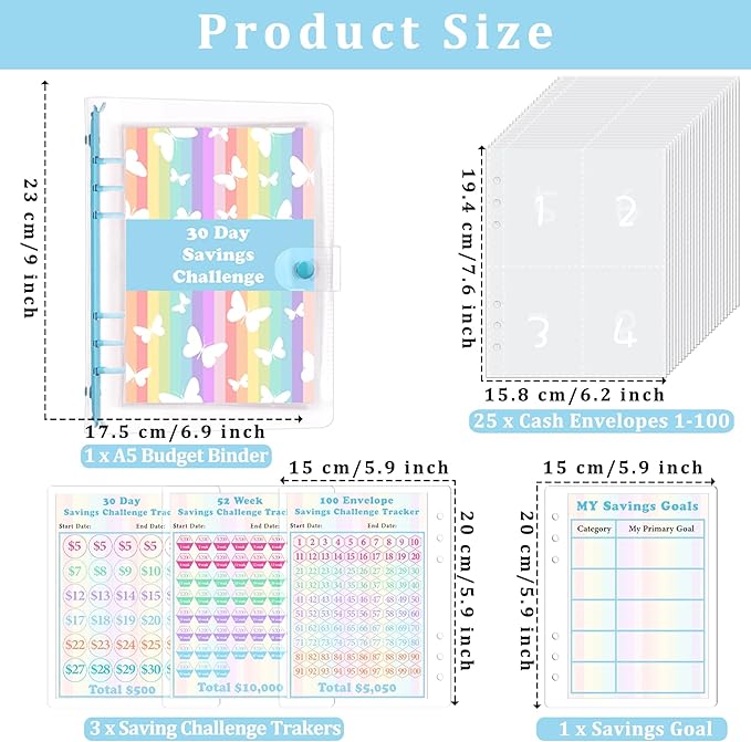 HAUTOCO 100 Envelopes Money Saving Challenge A5 Binder, Savings Challenges Book to Save $5,050, $500, $10,000, Budget Binder with Cash Envelopes, PVC Money Saving Binder with Challenge Trackers, Blue