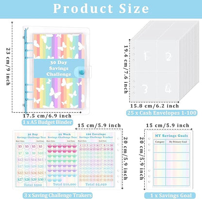 HAUTOCO 100 Envelopes Money Saving Challenge A5 Binder, Savings Challenges Book to Save $5,050, $500, $10,000, Budget Binder with Cash Envelopes, PVC Money Saving Binder with Challenge Trackers, Blue