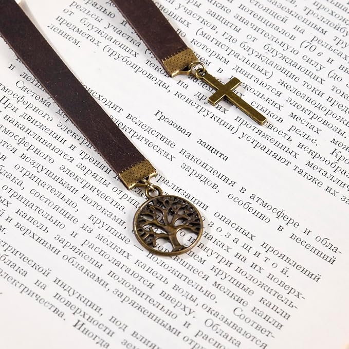 Handmade Long Leather Straps Bookmark, Tree of Life Bible Bookmarks with Retro Cross, Christian Saint Book Mark, Ideal Catholic Gift (Style 12)