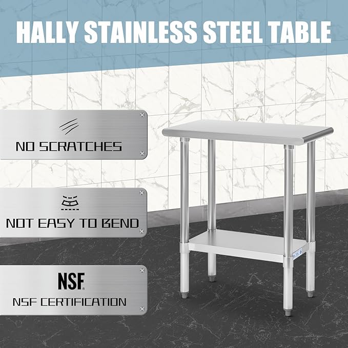 Hally Stainless Steel Table for Prep & Work 30 x 15 Inches, NSF Commercial Heavy Duty Table with Undershelf and Galvanized Legs for Restaurant, Home and Hotel