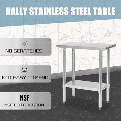 Hally Stainless Steel Table for Prep & Work 30 x 15 Inches, NSF Commercial Heavy Duty Table with Undershelf and Galvanized Legs for Restaurant, Home and Hotel